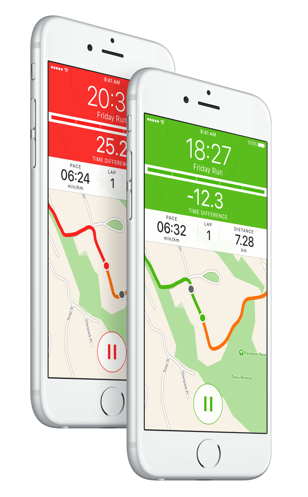 Two iPhones running Splits Trainer. One in red showing the user is behind and the other in green showing the user is ahead.